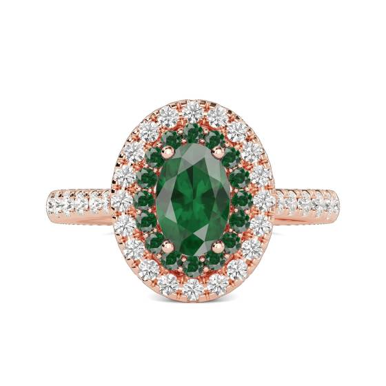 Ovaler Ring mit doppeltem Halo und Smaragd, 1,50 ct