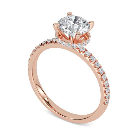 Ring mit rundem Diamanten, tief gefasst, verdecktem Halo und Schulterfassung