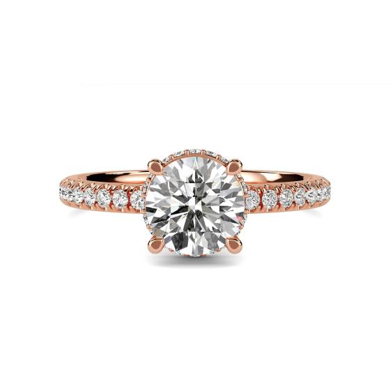 Ring mit rundem Diamanten, tief gefasst, verdecktem Halo und Schulterfassung