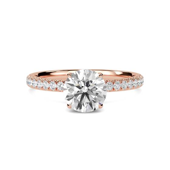 Ring mit rundem Diamanten, hochgefasstem, verstecktem Halo und Schulterfassung