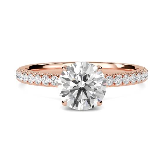 Ring mit rundem Diamanten, hochgefasstem, verstecktem Halo und Schulterfassung