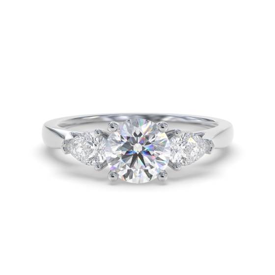 Moderner Trilogie-Ring mit runden und birnenförmigen Naturdiamanten (0,75 ct, VVS2/E).