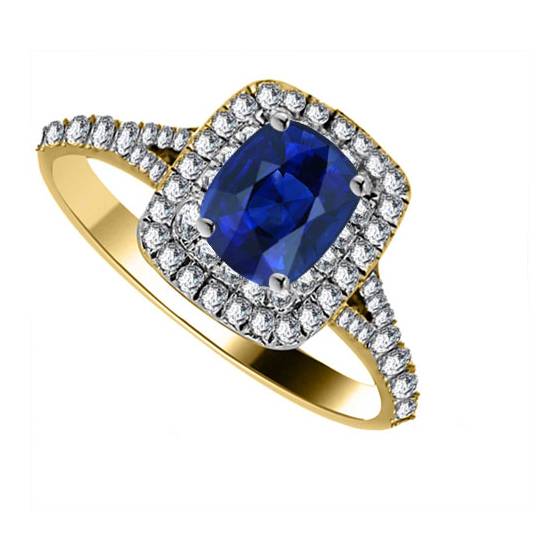 Ring mit kissenförmigem, blauem Saphir und Diamanten im Doppelhalo-Design
Ring mit Schulterfassung aus zwei Ringen mit kissenförmigem, blauem Saphir und Diamanten
Ring mit doppeltem Halo und Schulterfassung aus zwei Ringen mit kissenförmigem, blauem Sap