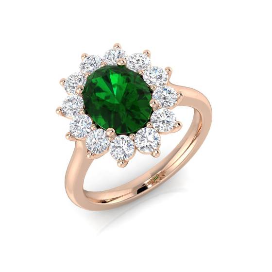 Ring mit ovalem Smaragd und rundem Cluster aus im Labor gezüchteten Diamanten
