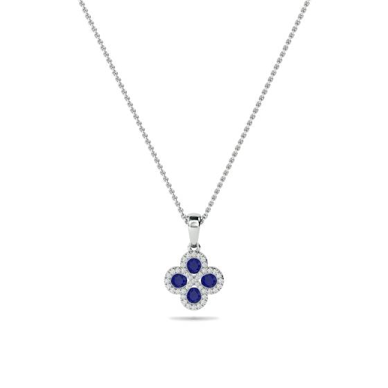 Kleeblatt-Anhänger mit blauem Saphir und Diamanten im Halo-Design