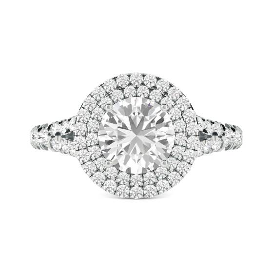 Runder Diamantring mit doppeltem Halo und Schulterfassung
