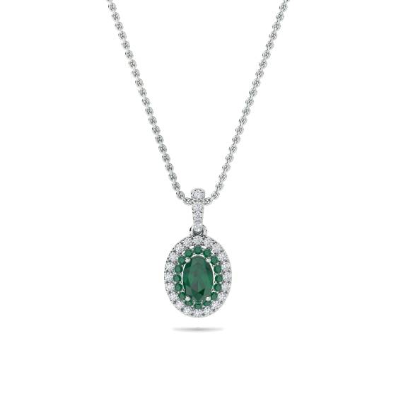 Ovaler Anhänger mit doppeltem Halo und Smaragd (1,45 ct) und Kette