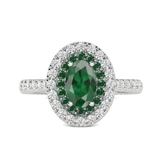 Ovaler Ring mit doppeltem Halo und Smaragd, 1,50 ct