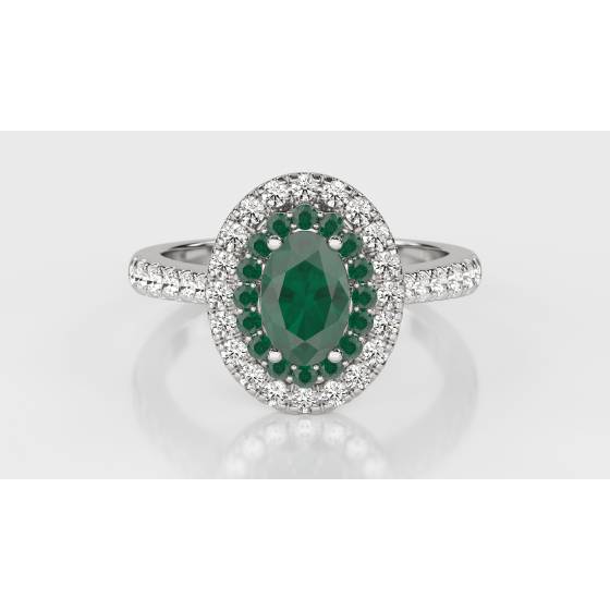 Ovaler Ring mit doppeltem Halo und Smaragd, 1,50 ct