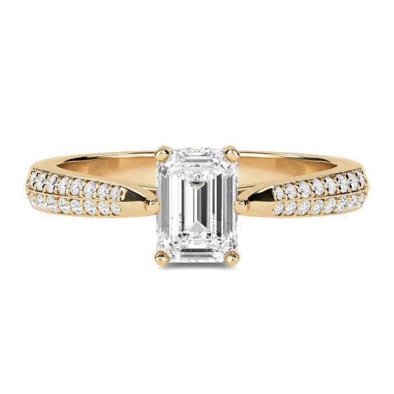Vintage-Ring mit Messerkantenmuster, Smaragd und rundem Diamanten
