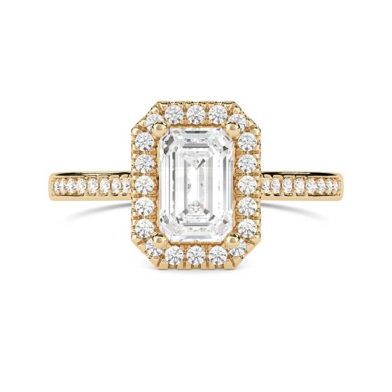 Smaragd-Diamant-Ring mit einzelner Halo-Schulterfassung