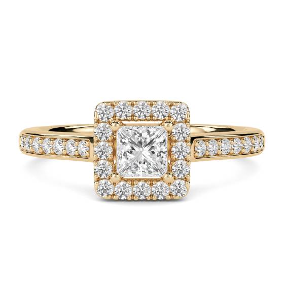Prinzess-Diamant-Ring mit einzelnem Halo und Schulterfassung