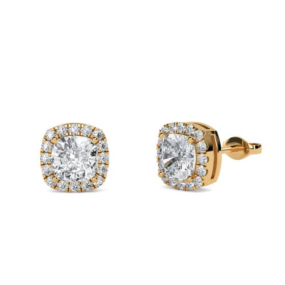 Einzigartige Ohrringe mit 0,90 ct kissenförmigem Diamanten und Halo-Fassung.