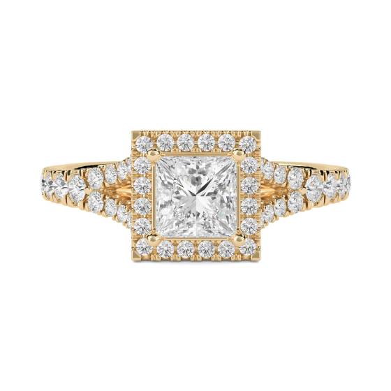 Prinzess-Diamant-Ring mit einzelnem Halo und Schulterfassung