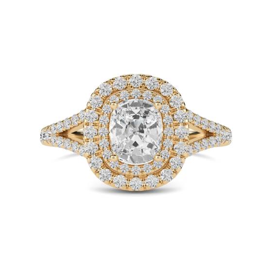 2.63ct VS1/F Lab Grown Cushion Diamond Double Halo Shoulder Set Ring in 18k Yellow Gold
