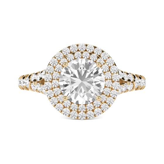 Runder Diamantring mit doppeltem Halo und Schulterfassung