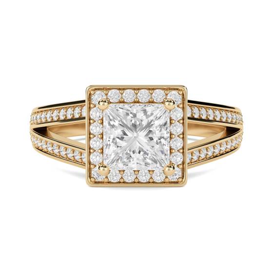Prinzess-Diamant-Ring mit einzelnem Halo und Schulterfassung