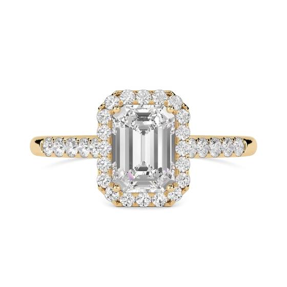 Smaragd-Diamant-Ring mit einzelner Halo-Schulterfassung