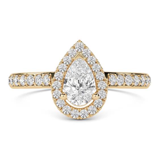 Birnenförmiger Diamantring mit Halo-Schulterfassung