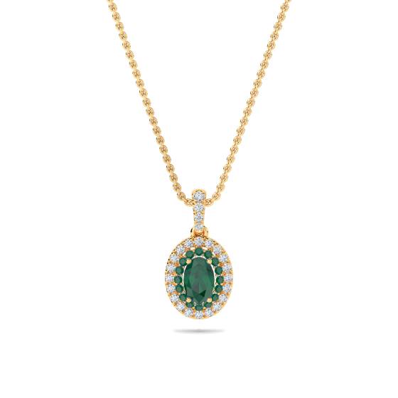 Ovaler Anhänger mit doppeltem Halo und Smaragd (1,45 ct) und Kette