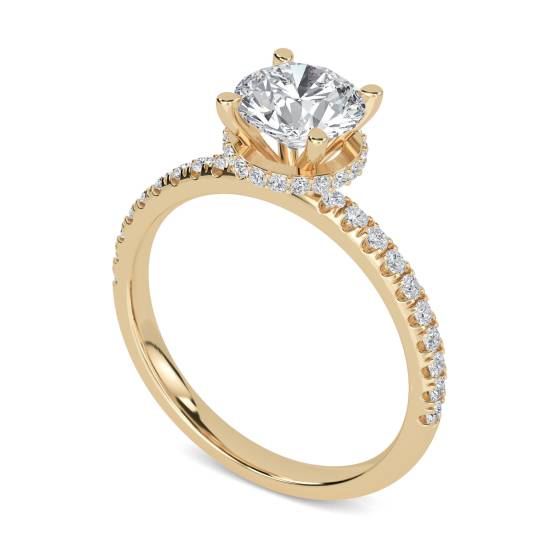 Ring mit rundem Diamanten, tief gefasst, verdecktem Halo und Schulterfassung