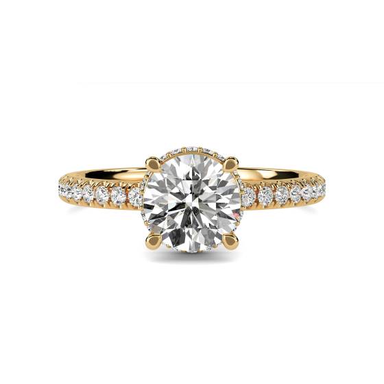 Ring mit rundem Diamanten, tief gefasst, verdecktem Halo und Schulterfassung