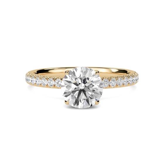 Ring mit rundem Diamanten, hochgefasstem, verstecktem Halo und Schulterfassung