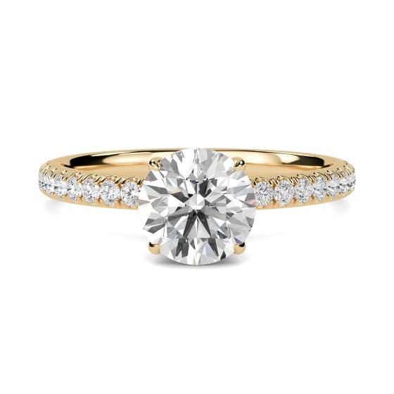Ring mit rundem Diamanten, hochgefasstem, verstecktem Halo und Schulterfassung