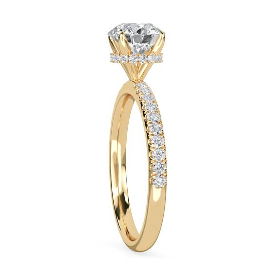 Ring mit rundem Diamanten, hochgefasstem, verstecktem Halo und Schulterfassung